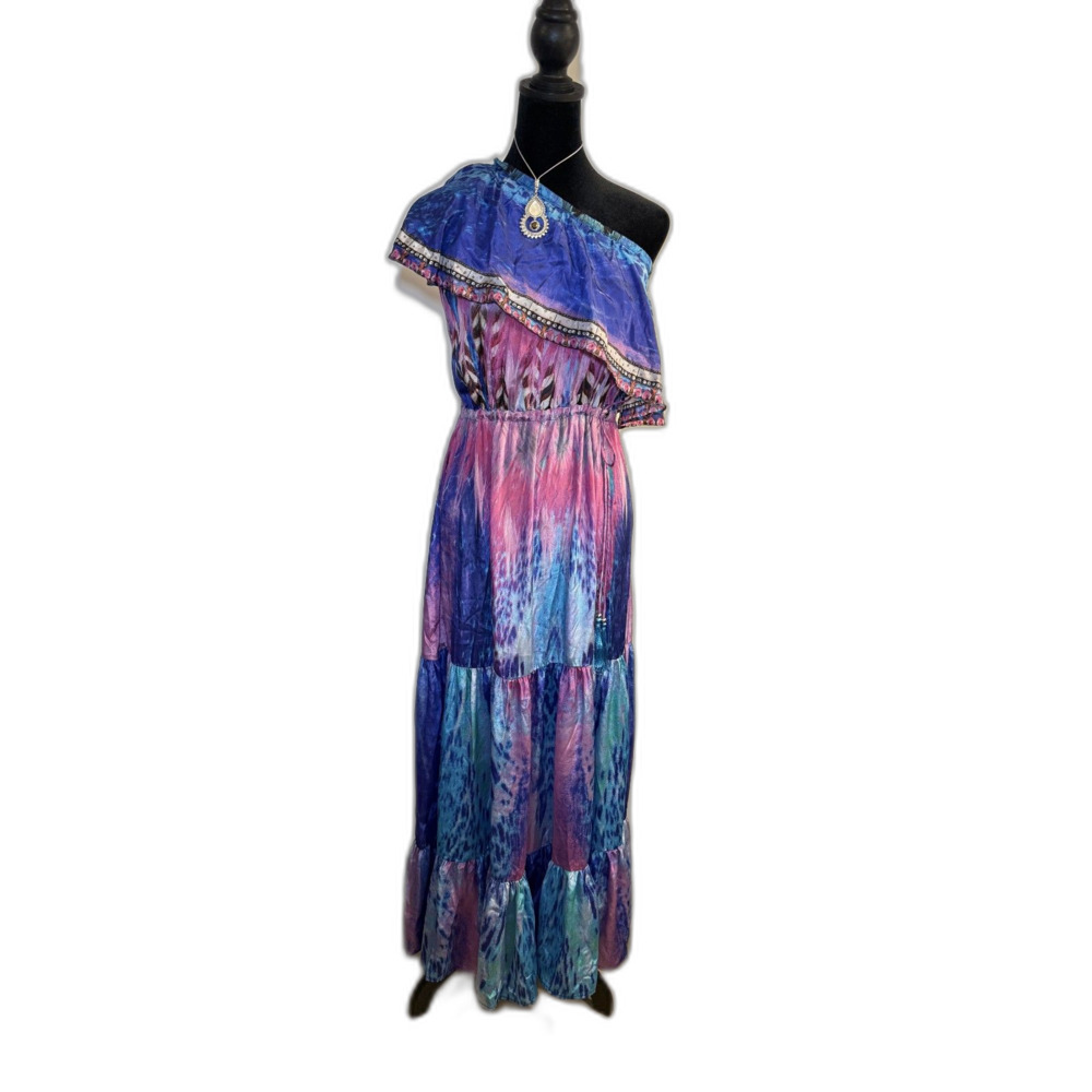 Pink + Blue Tie Dye Off-Shoulder Maxi Dress — Ruffle Trim, Tiered Boho Style